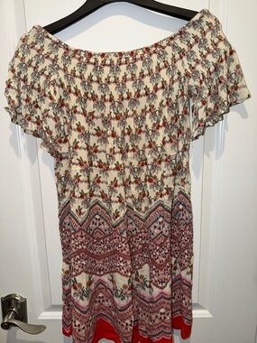 Aqua Cream Floral Boho Off-Shoulder Mini Dress with Red Accents
